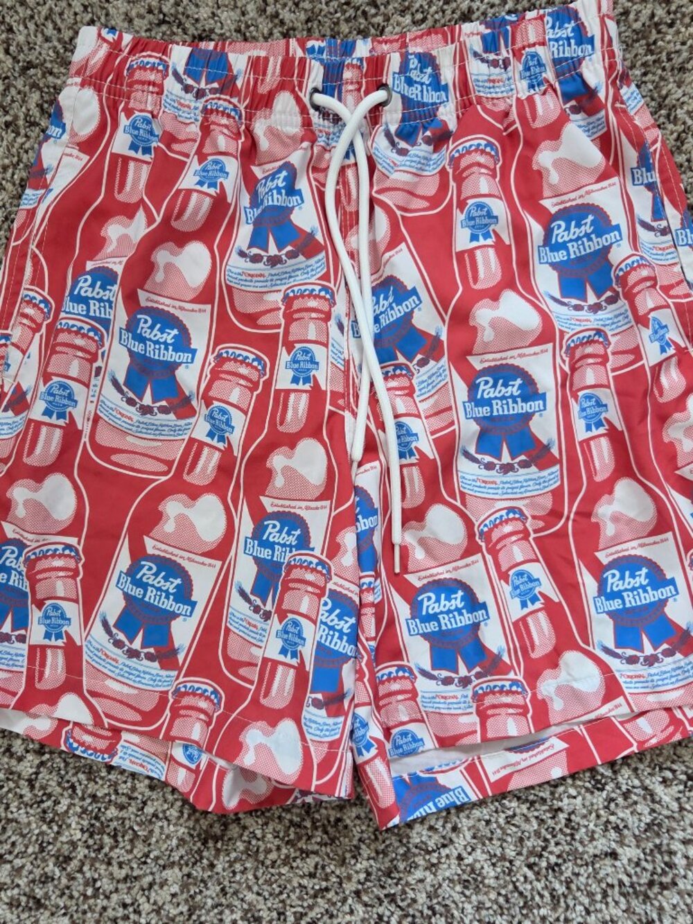 Pabst Blue Ribbon Swim Shorts Mens Small AOP Graphic Swimwear Trunks Beach Party